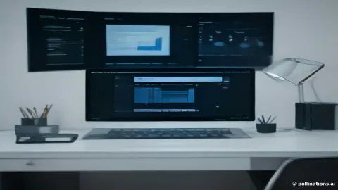 واجهة ذكاء اصطناعي متطورة لإجراء البحوث وكتابة التقارير على شاشة كمبيوتر في بيئة عمل عصرية