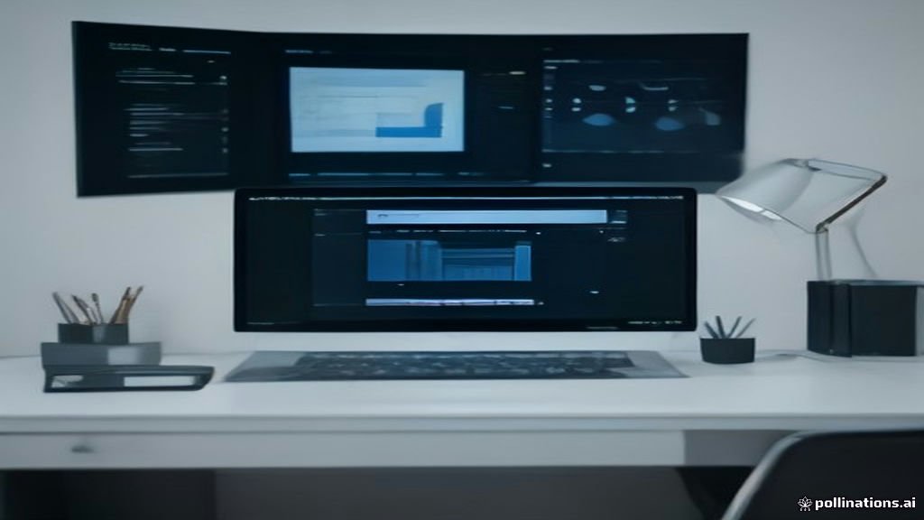 واجهة ذكاء اصطناعي متطورة لإجراء البحوث وكتابة التقارير على شاشة كمبيوتر في بيئة عمل عصرية