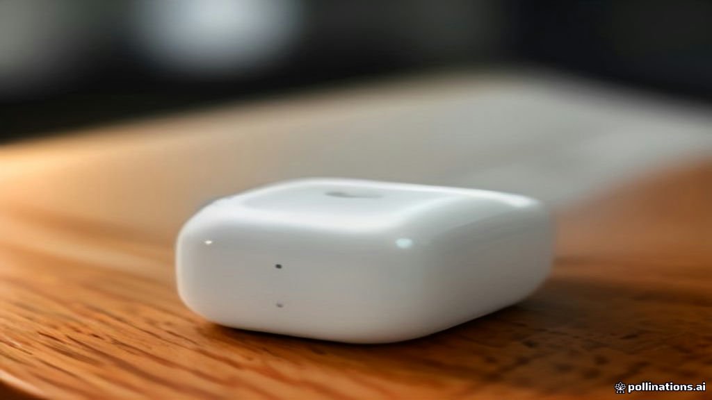 A white AirPods Pro charging case showing an amber charging light on a wooden surface.