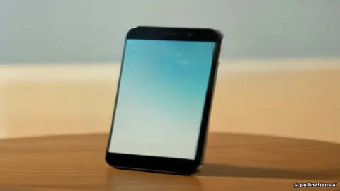 A modern Android smartphone resting on a wooden desk with a vibrant display.