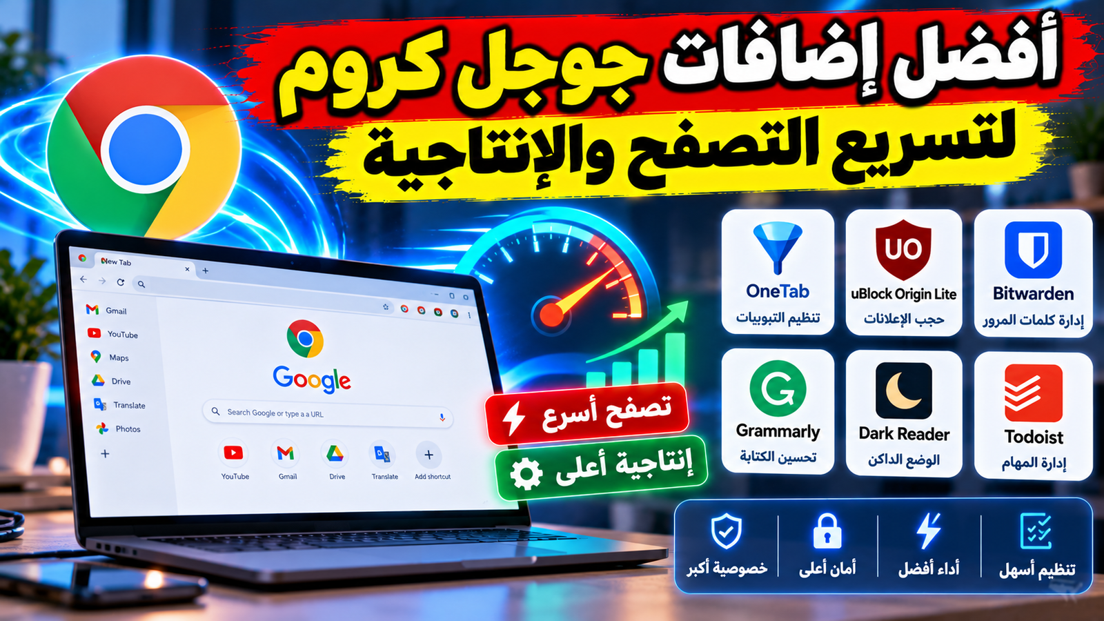 شاشة كمبيوتر تعرض إضافات متصفح جوجل كروم