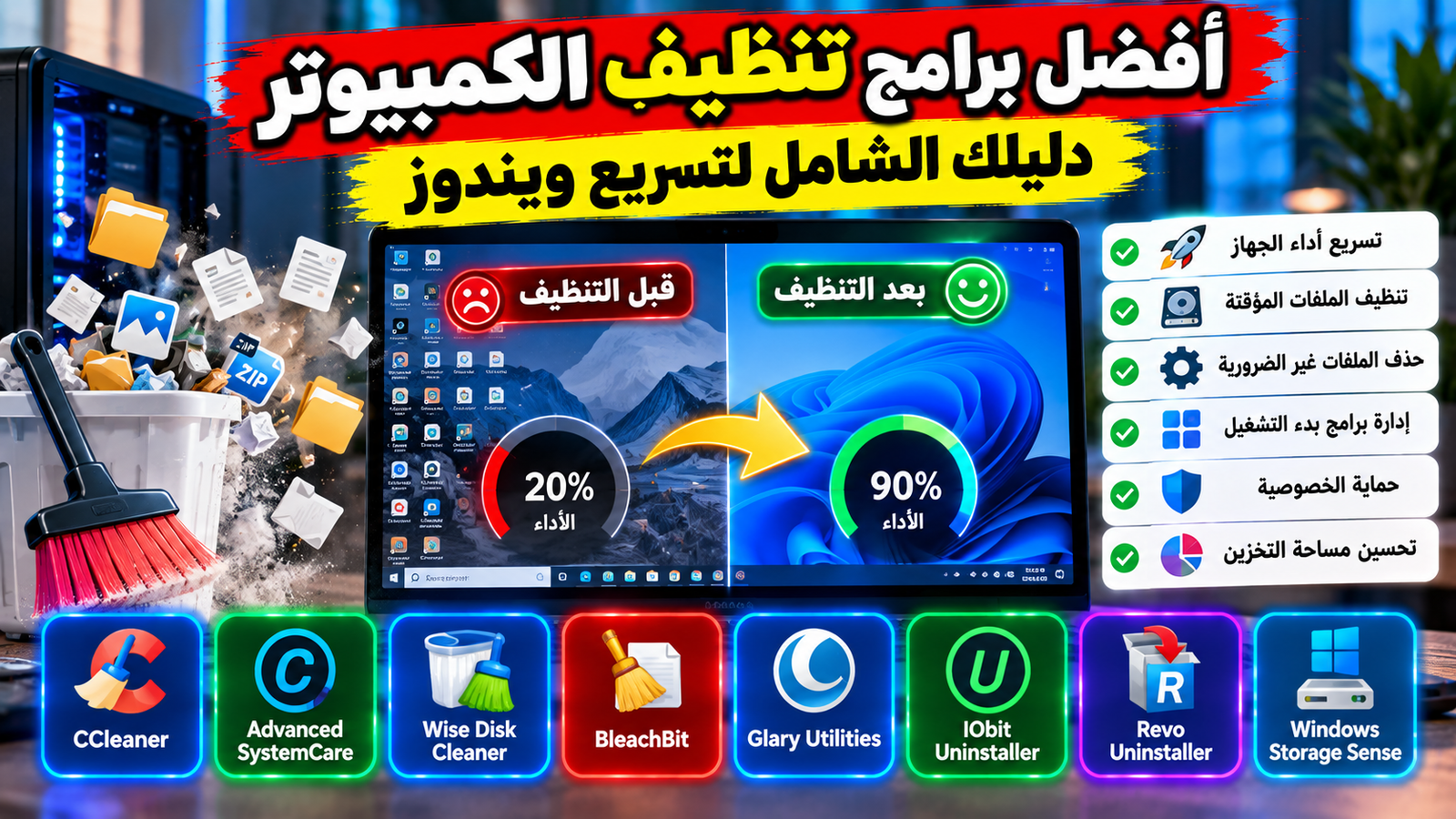 جهاز كمبيوتر محمول نظيف وسريع يعرض لوحة تحكم لتحسين أداء النظام