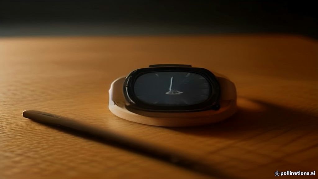 Samsung Galaxy Watch resting on a wooden desk