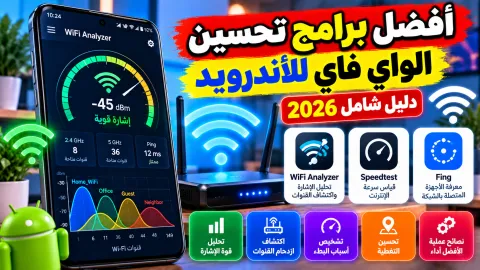 هاتف أندرويد يعرض تطبيقاً لتحليل وقوة إشارة الواي فاي مع راوتر في الخلفية