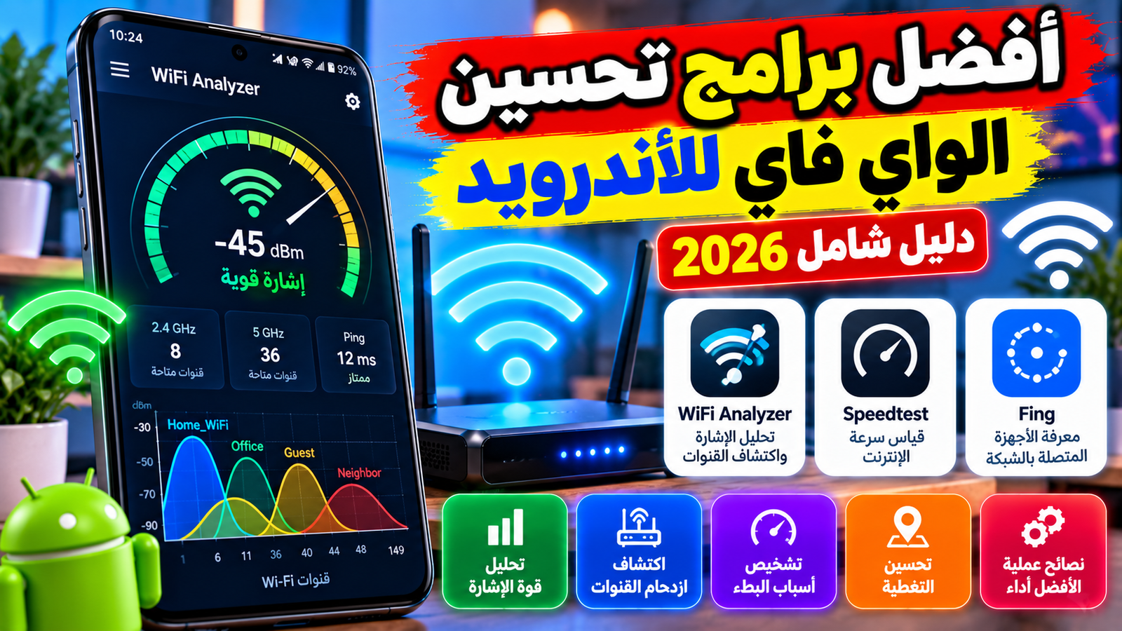 هاتف أندرويد يعرض تطبيقاً لتحليل وقوة إشارة الواي فاي مع راوتر في الخلفية
