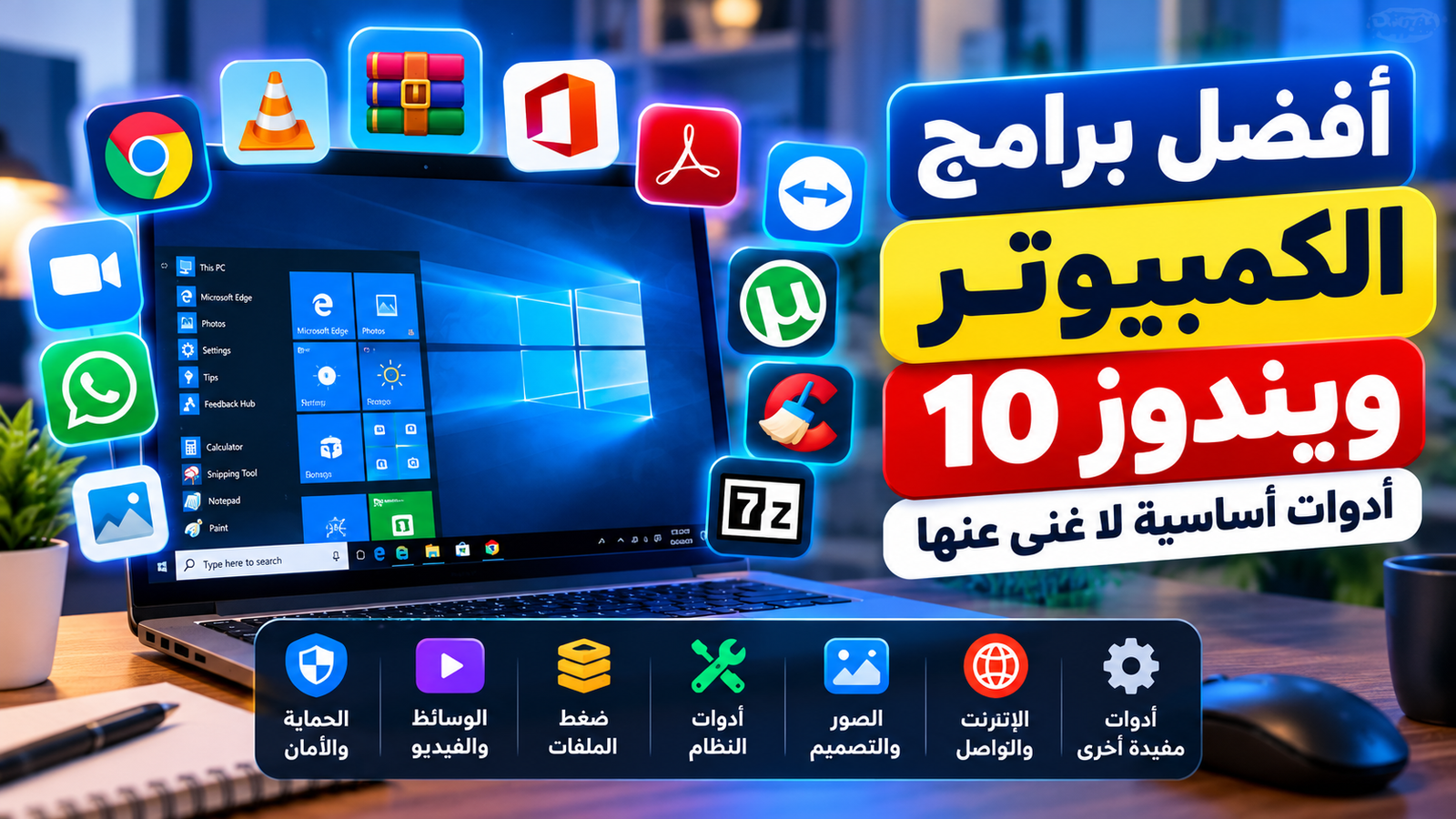 شاشة حاسوب مكتبي تعرض مساحة عمل رقمية منظمة على مكتب خشبي أنيق
