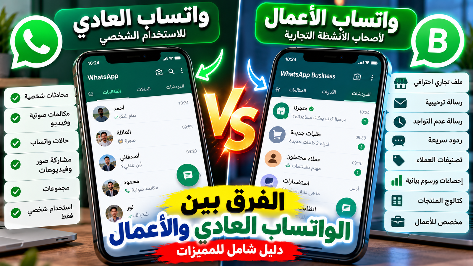 مقارنة بين واجهة واتساب العادي وواتساب للأعمال على هواتف ذكية