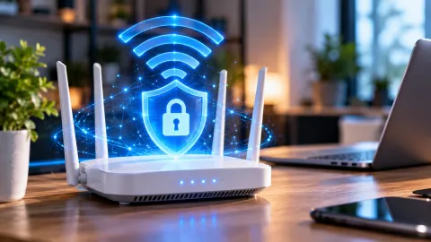 راوتر واي فاي حديث يعلوه قفل ودرع حماية يرمز لتشفير WPA3 للشبكة اللاسلكية