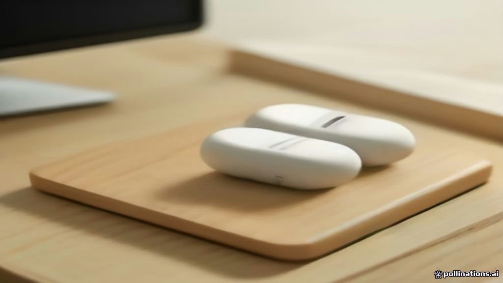 White wireless earbuds resting next to an open charging case on a wooden desk.