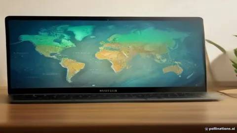 A laptop showing a global map and a smartphone on a desk, representing international access to AI tools.