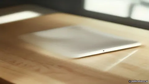هاتف آيفون على مكتب يعرض شاشة الإعدادات وحساب آبل