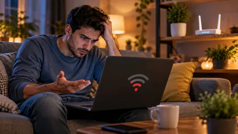شخص في المنزل يعاني من ضعف وانقطاع الواي فاي على حاسوبه المحمول وفي الخلفية الراوتر