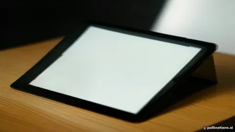 جهاز ايباد معلق على شعار التفاحة على مكتب خشبي