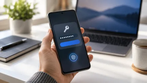 Hand holding an Android smartphone showing a password autofill prompt with a key icon on a clean desk