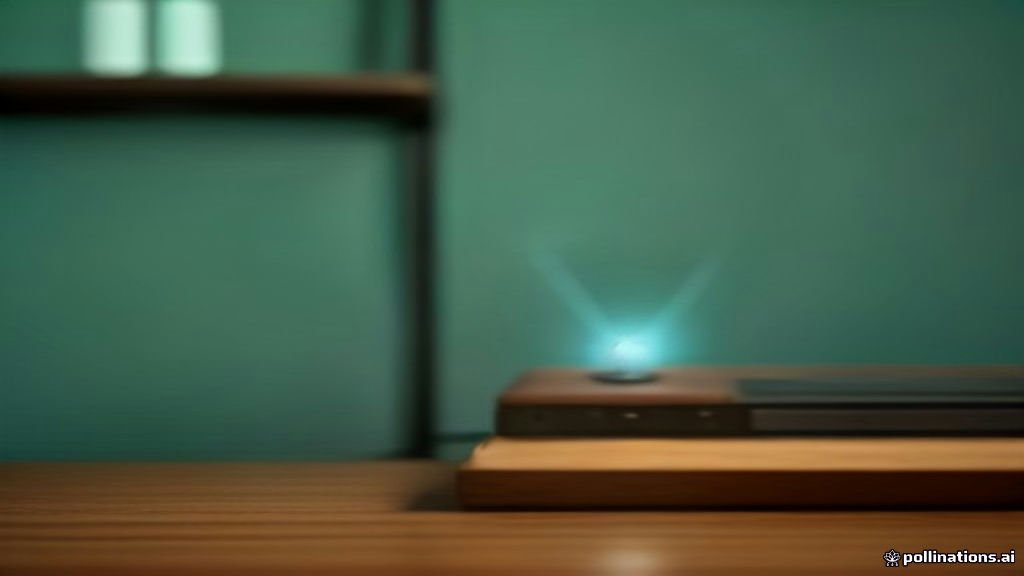 Modern wireless router with glowing LED lights on a wooden shelf