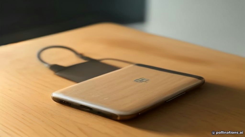 A Samsung Galaxy smartphone plugged into a charging cable on a desk