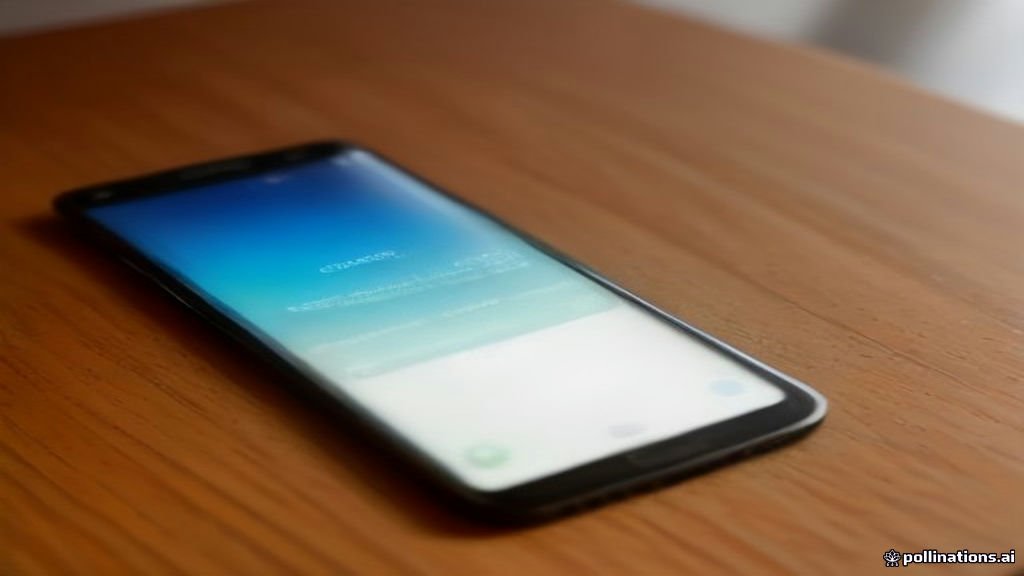 A modern Samsung Galaxy smartphone on a desk showing a software update screen.