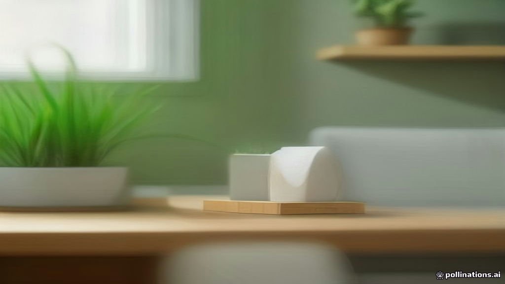 A white mesh Wi-Fi satellite node on a wooden shelf in a modern home.
