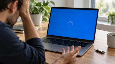 Frustrated man at a desk looking at a laptop stuck on a blue Windows automatic repair loading screen, with a USB recovery drive nearby