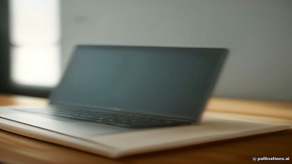 A laptop showing a black screen with a single white mouse cursor visible.