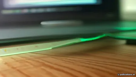 صورة مقربة لكابل إيثرنت متصل بمنفذ لابتوب مع إضاءة خضراء تدل على نشاط الشبكة