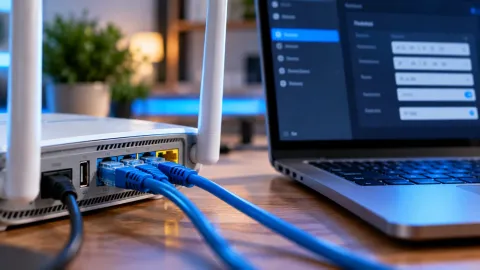 راوتر متصل بكابلات إيثرنت وبجواره حاسوب محمول يعرض إعدادات الشبكة لضبط قيمة MTU