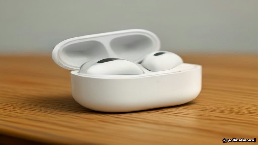 Apple AirPods inside their charging case on a desk