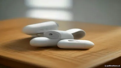 White wireless earbuds inside a charging case on a wooden desk