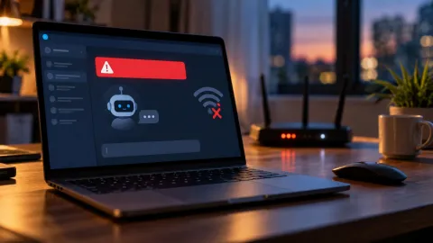 Laptop showing an AI chatbot interface with a network error banner and a disconnected Wi-Fi icon