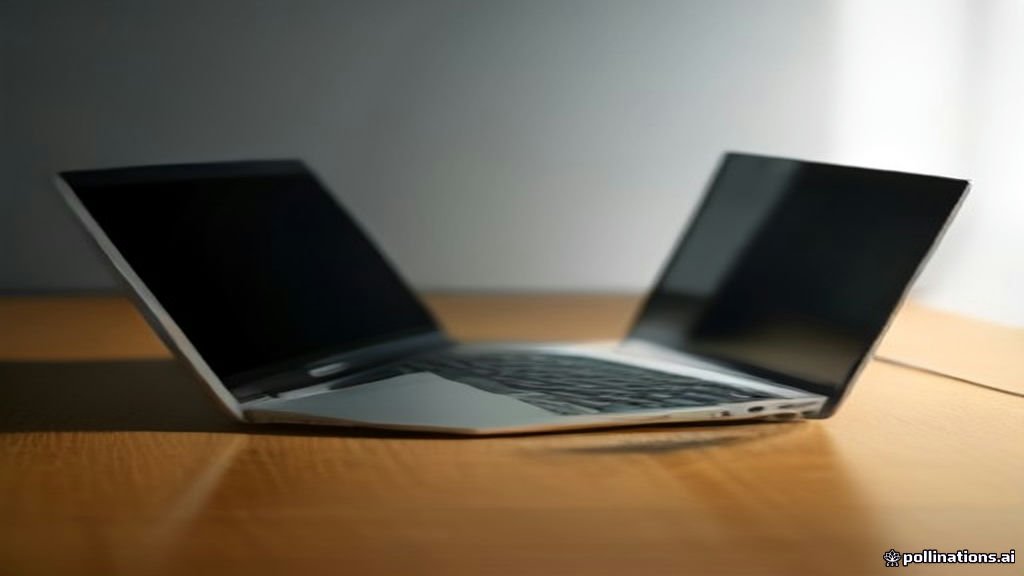 A laptop resting on a wooden desk with a black display screen.