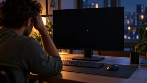 Desktop computer monitor showing a black screen with only a mouse cursor while a worried user looks on