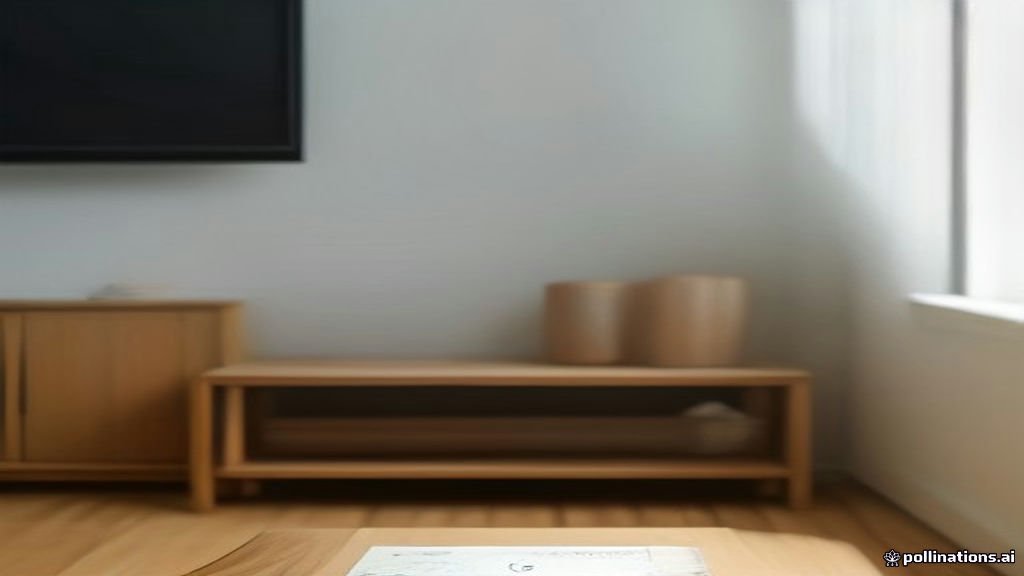 A modern mesh Wi-Fi router placed on a wooden console in a living room.
