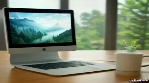 A modern laptop on a desk showing the Windows lock screen with a mountain background.