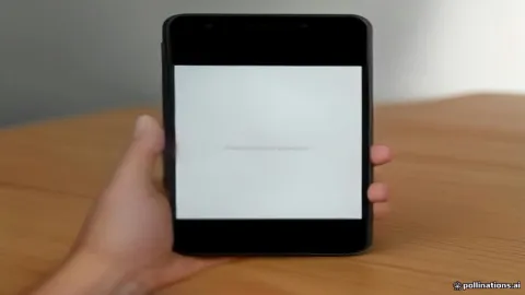 Hands holding an Android smartphone displaying screen options on a clean desk.