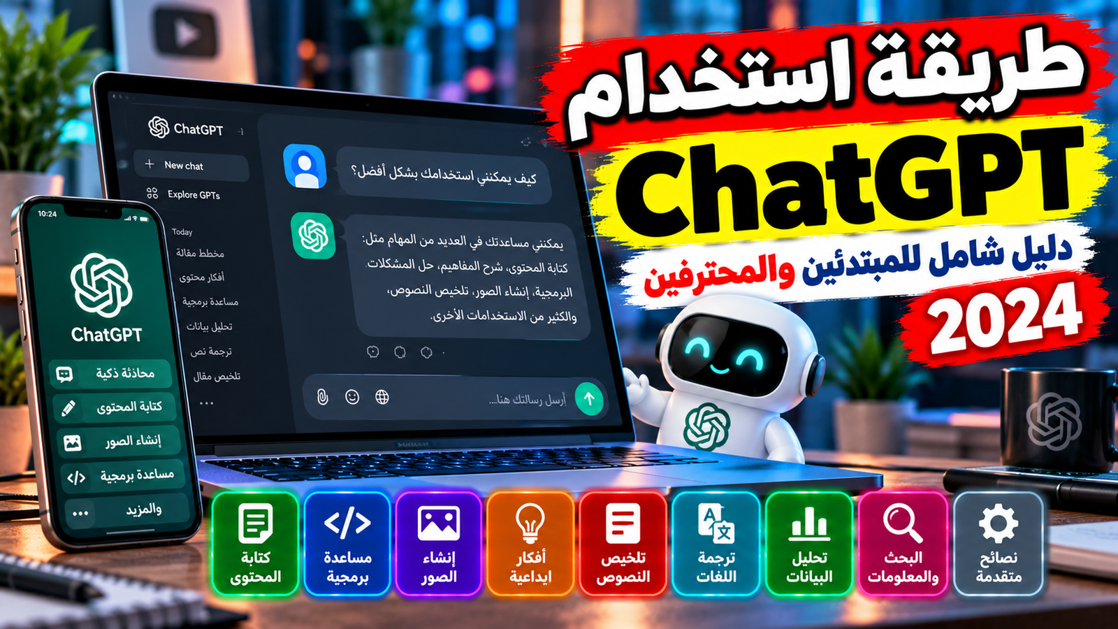 شاشة لابتوب تعرض واجهة محادثة ChatGPT في مكتب عمل مكتبي حديث