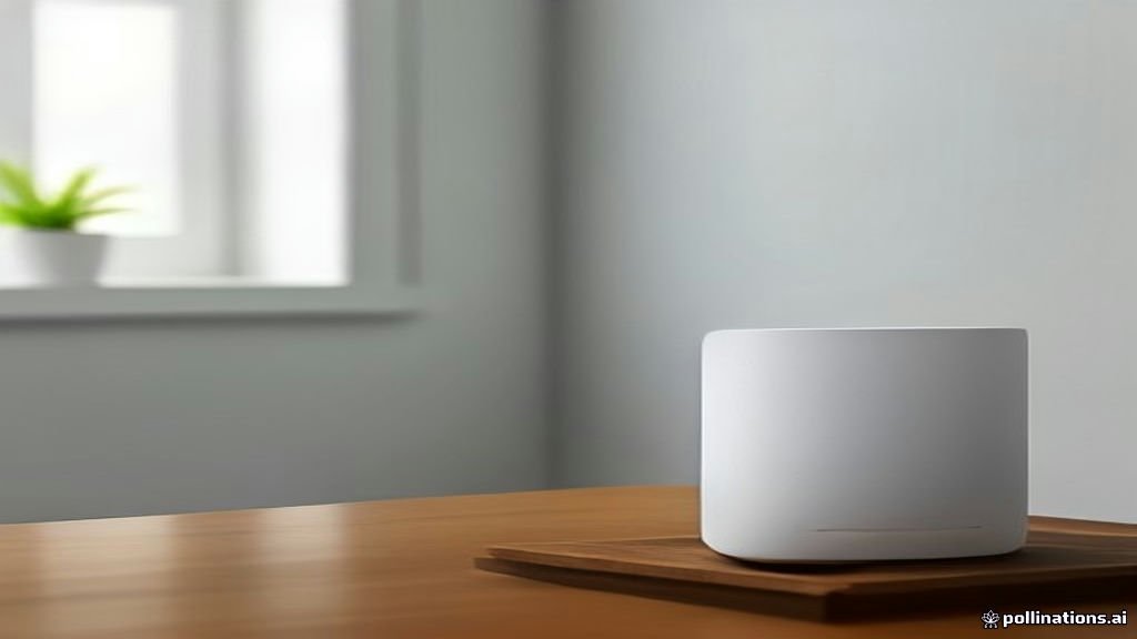 A modern white mesh Wi-Fi router on a shelf