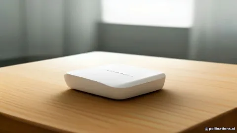 A modern white mesh Wi-Fi router on a wooden desk.