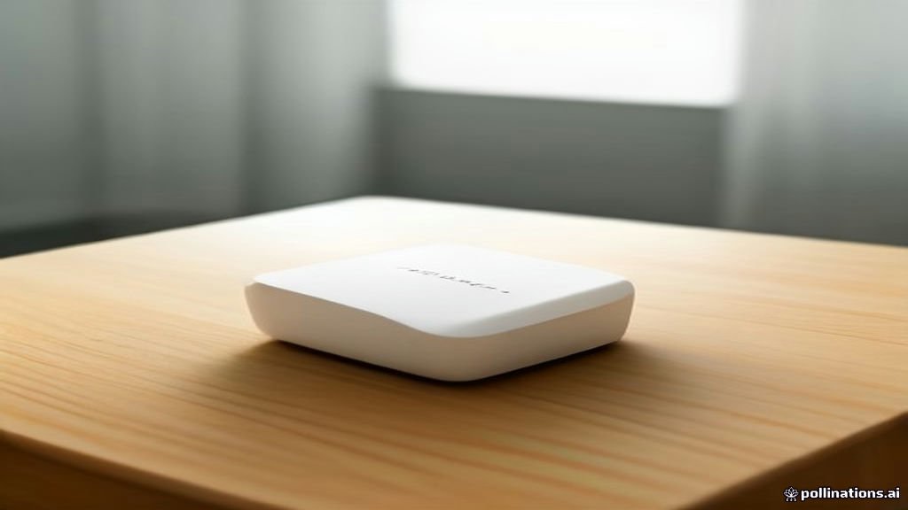 A modern white mesh Wi-Fi router on a wooden desk.
