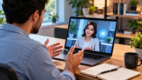 شاب يتدرب على مقابلة عمل أمام حاسوب محمول بمساعدة الذكاء الاصطناعي