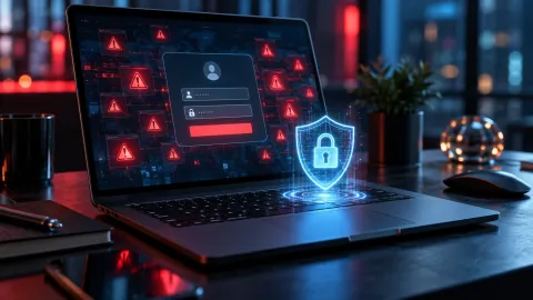 حاسوب محمول يعرض محاولات تسجيل دخول متكررة مع درع حماية رقمي يرمز لحماية الحسابات من هجمات حشو بيانات الاعتماد