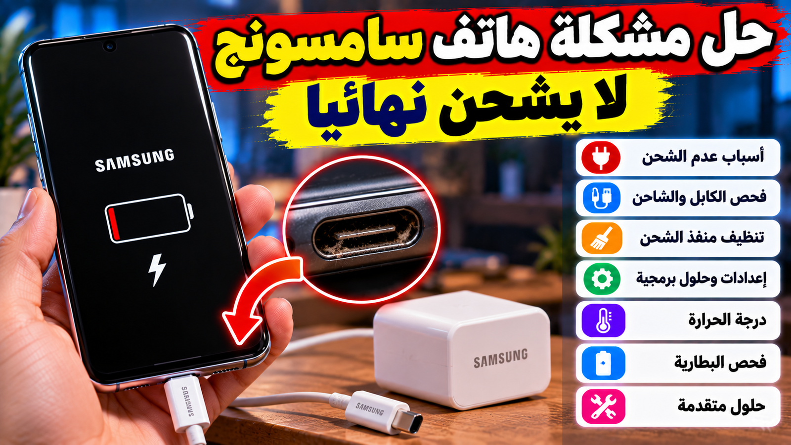 مشكلة شحن هاتف سامسونج وكيفية حلها
