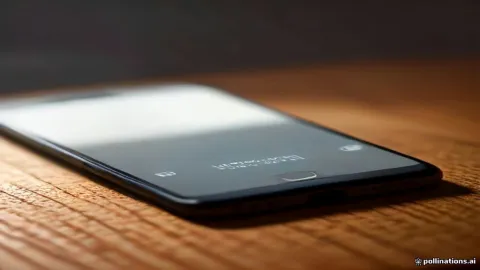 Smartphone displaying a text message on a wooden desk.