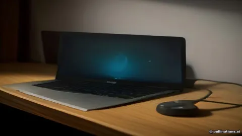 A modern wireless network router sitting on a desk with connected cables.