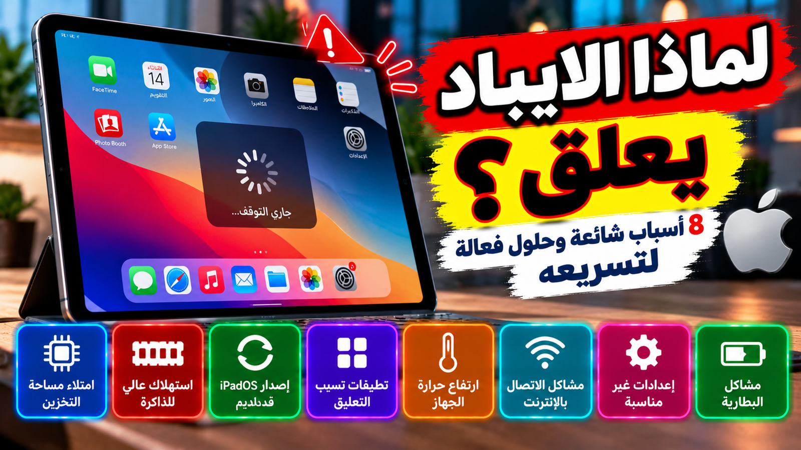 صورة توضح مشكلة تجمد وتعليق شاشة جهاز الايباد على طاولة مكتب