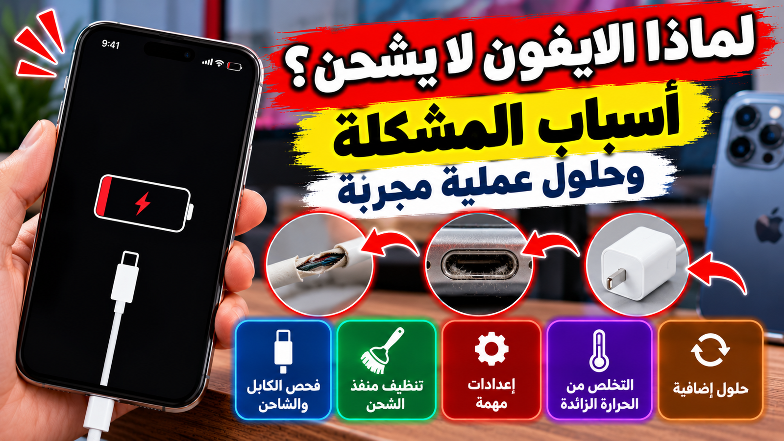 آيفون متصل بكابل شحن أصلي على مكتب خشبي