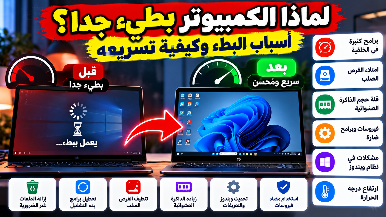 شاشة كمبيوتر تظهر إعدادات النظام لتوضيح مشكلة بطء الجهاز