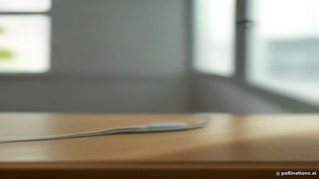 A smartphone plugged into a charging cable on a wooden desk.