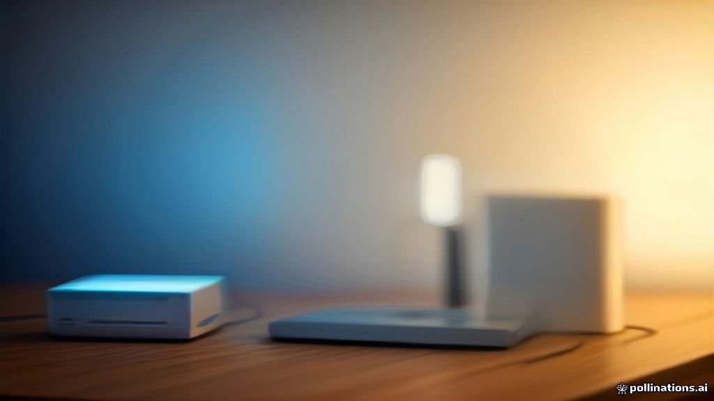 A modern wireless router with glowing blue indicator lights on a wooden desk.