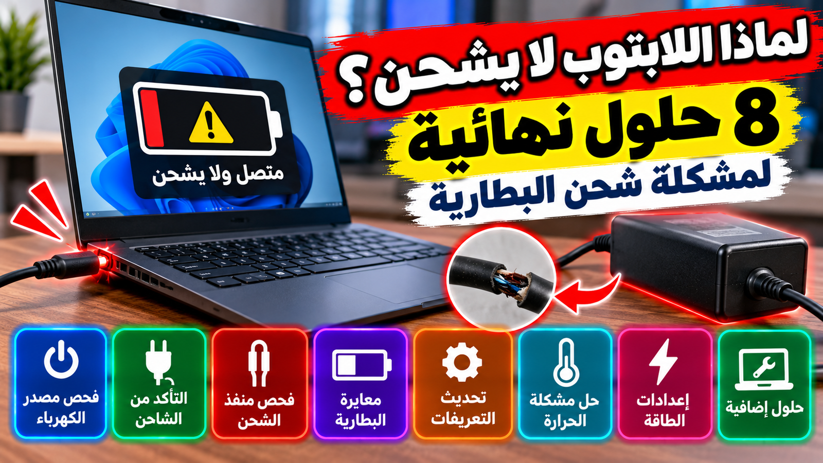 لابتوب يتم توصيله بالشاحن لإصلاح مشكلة عدم الشحن